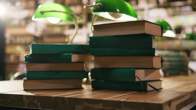 Stacked green hardcover books on desk in empty academic library, quiet reading room with bookshelves and study materials in warm lighting, Empty library interior study environment.