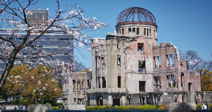 Wide Shot Of Hiroshima Peace Memorial Atomic Bomb Dome With Spring Cherry Blossoms