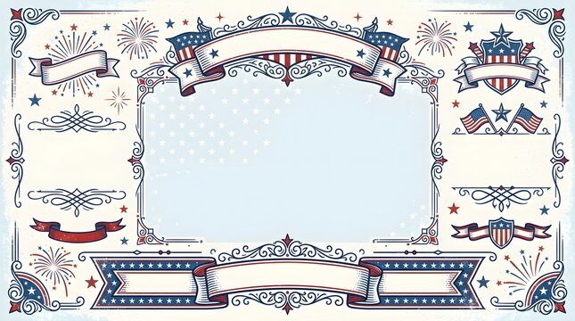 Vintage Patriotic 4th of July Frame with American Flags and Decorative Banners