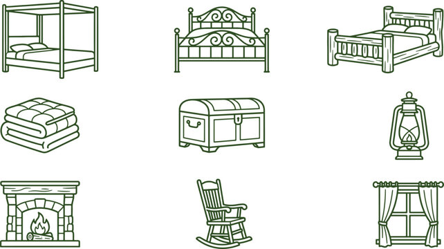 Assortment of rustic bedroom furniture and cabin decor line including canopy beds, a wooden chest, a fireplace, and a rocking chair
