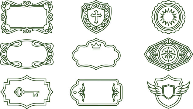 Set of decorative vintage frames, shields, and labels with intricate line details including a cross, sunburst, compass, key, and winged shield