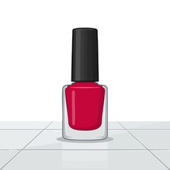 Obraz premium Flat vector drawing of a single red polish bottle on a clean surface in a simple setting with bright background