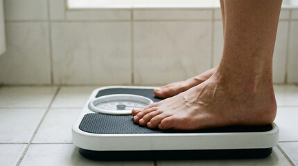 Fototapeta premium Person's bare feet standing on a bathroom scale