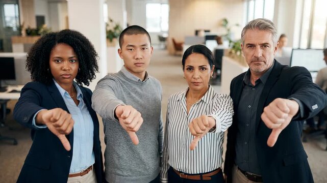 Diverse business team showing thumbs down gesture in office. Disappointed professional colleagues expressing disagreement with negative feedback and poor performance