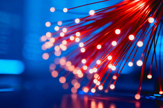 Close-up of glowing red optical fiber strands transmitting data signals against a blurred blue tech background.