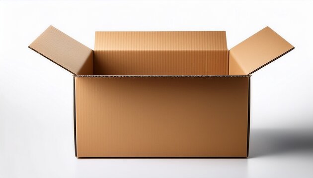 front view of an isolated open brown cardboard packing box on a white background lacking any shadows