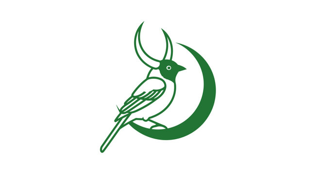 Green bird perched on crescent moon silhouette.