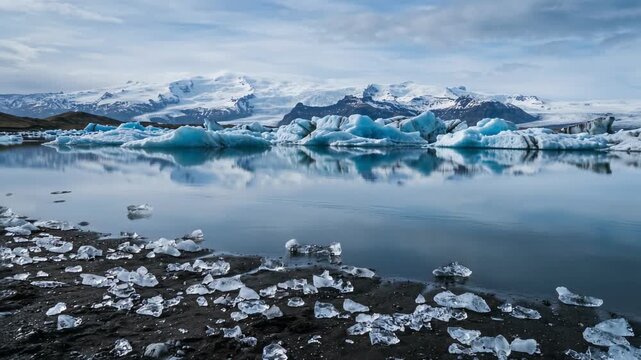 Glacial icebergs floating on a calm lake with snowy mountains in the background