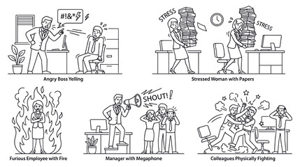 Fototapeta premium Office workplace chaos with angry boss yelling stressed employees and fighting colleagues.