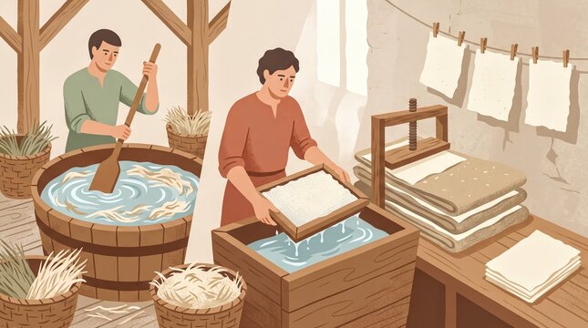 artisan crafting process, a stylized illustration captures the essence of traditional handmade papermaking