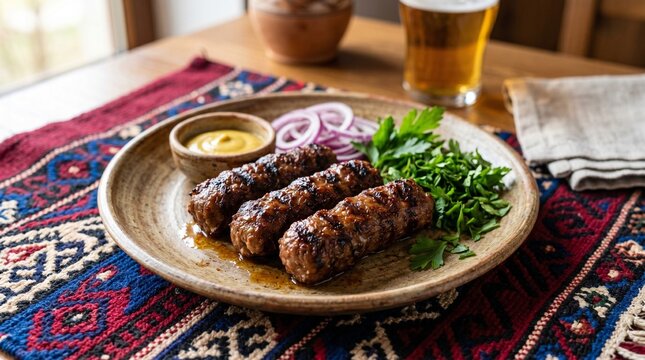 Gourmet Plating of Romanian Mici with Onion and Parsley