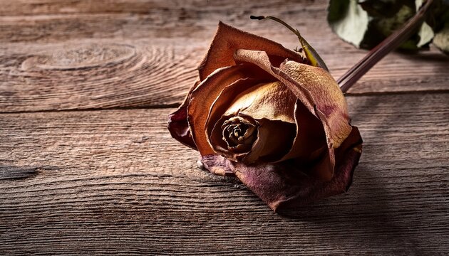 faded rose lying on rustic wood background symbolizing time and memory pictures