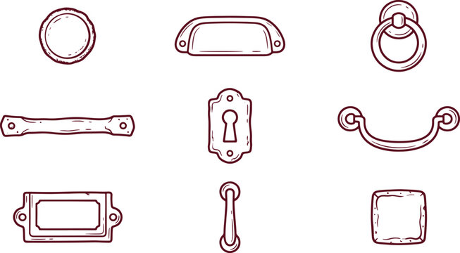 Collection of nine different furniture hardware featuring various drawer pulls, handles, knobs, and keyhole plates in a line style
