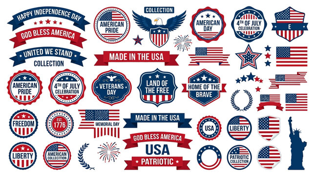 Patriotic American symbols and flags are displayed on various stickers and labels.