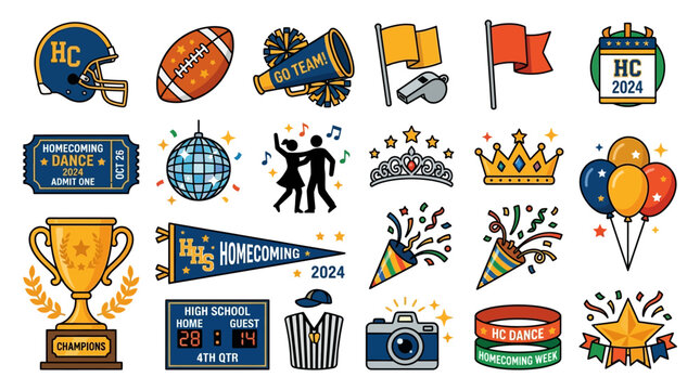 A colorful illustration of various sports celebration icons and symbols displayed on a white background with a football player trophy.