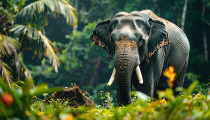 Fototapeta premium Majestic elephant in lush tropical environment, facing camera with imposing presence