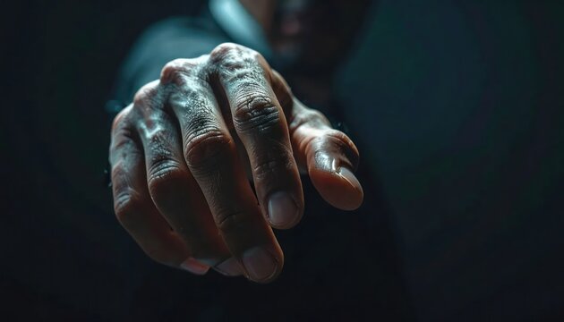 Close-up of a hand reaching out, fingers extended, towards the viewer, against a dark background