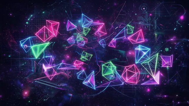 Colorful neon geometric shapes floating in a futuristic digital space