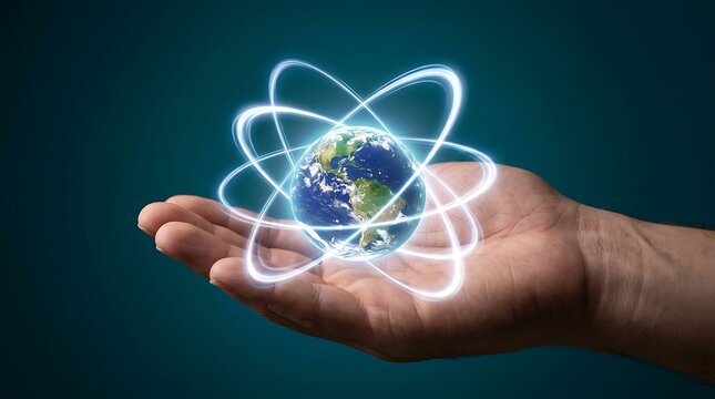 A human hand gently holding a glowing earth surrounded by orbiting electrons representing global technology and sustainable energy concepts
