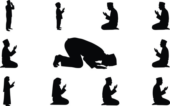 Muslim people and family praying vector silhouette set featuring Islamic namaz prostration sajdah pose and kneeling figures with hands raised