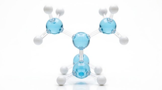 Detailed molecular model of ethane with transparent blue spheres and white connectors on a reflective white surface