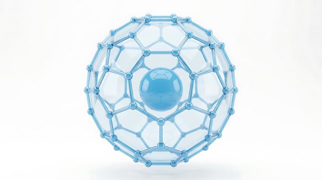 Detailed three dimensional rendering of a buckminsterfullerene molecule on a white background representing nanotechnology and advanced materials science