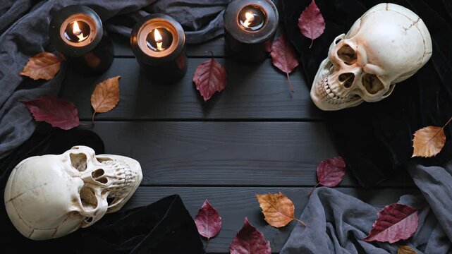Human skulls with candle and autumn leaf on dark wooden background. Halloween composition with festive decoration for holiday