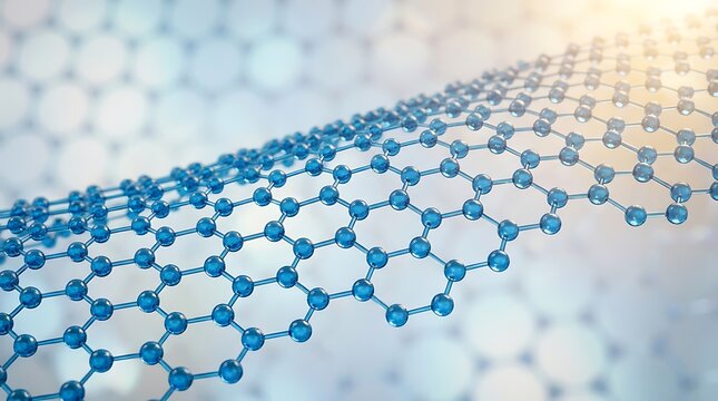 Detailed three dimensional rendering of a carbon nanotube lattice structure with a bright light flare and blurred background