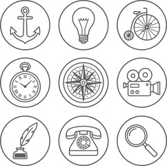 Fototapeta premium Set of vintage travel and communication in a circular line style isolated on a white background, for various projects