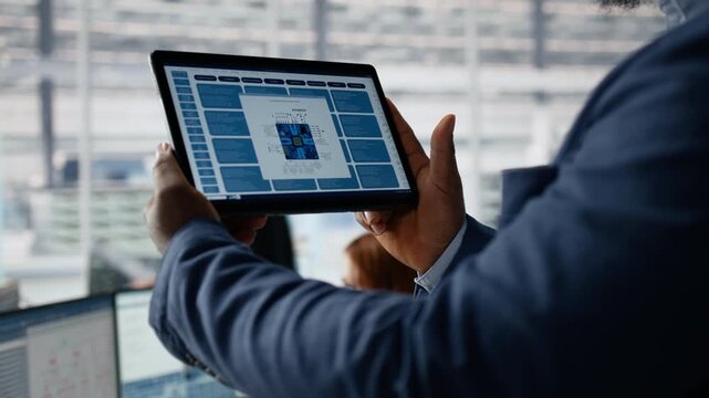 Close up of engineer examining microchip circuit layouts on tablet in factory office.