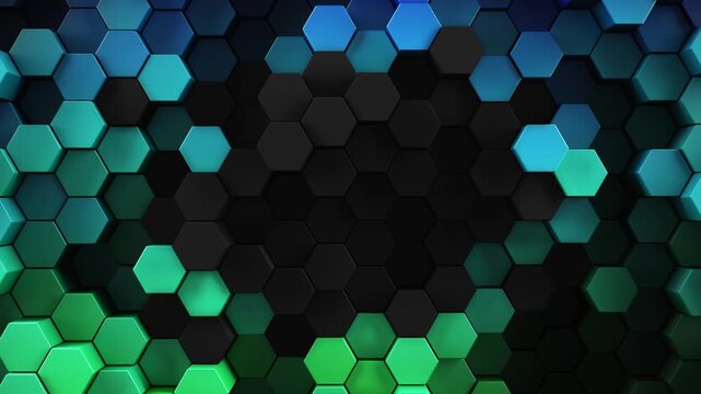 3d render hexagon background. Center hex shapes patterned in a rainbow of colors in a smooth looping movement creating a visual of a dark shadowy motion of repeating colors. 3d rendered loop.