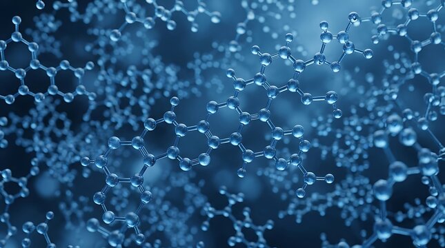 Intricate molecular structure of carbon atoms in a hexagonal lattice with a blue gradient background representing nanotechnology and scientific research