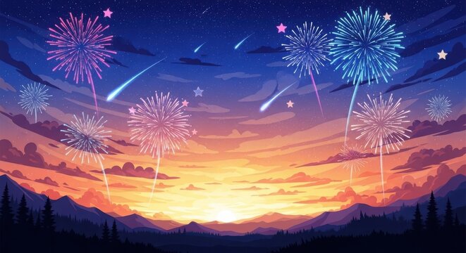 Artistic digital landscape illustration of colorful fireworks and shooting stars over a mountain range during a golden sunset sky