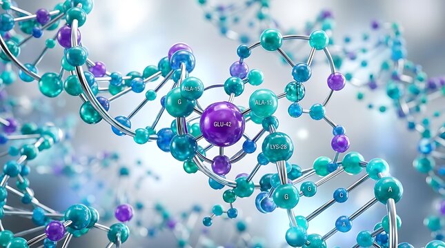 Abstract molecular structure of deoxyribonucleic acid with labeled amino acids and nucleotides on a blurred background