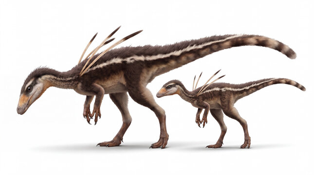 Ubirajara jubatus adult accompanied by a juvenile, displaying natural social or parental behavior and accurate feathered anatomy in a detailed scientific paleontological reconstruction isolated on whi
