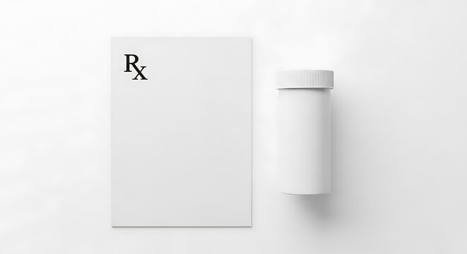 A white prescription pad and pill bottle on a white background