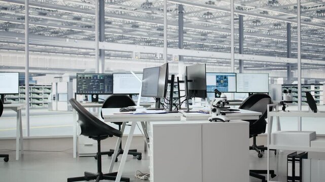 Analyzing microchip systems, computers and empty semiconductor engineering office.