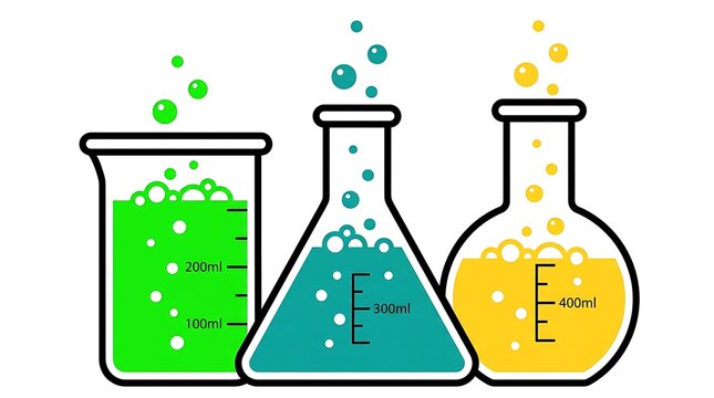 Colorful chemistry experiment with three beakers filled with bubbling liquids in green blue and yellow hues vector illustration