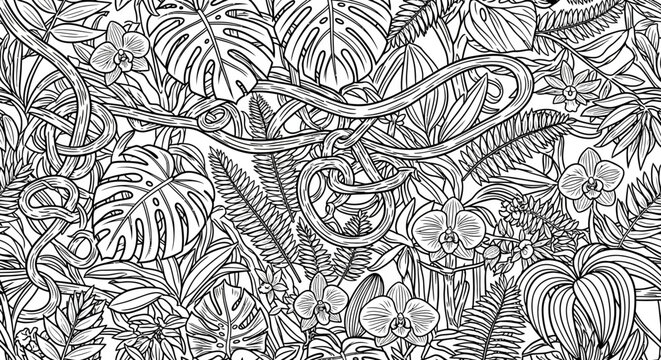 Detailed Black and White Seamless Jungle Pattern with Tropical Leaves, Vines, and Snakes. Botanical Line Art Illustration.