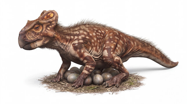 Graciliceratops mongoliensis incubating a clutch of eggs in a nest, displaying natural reproductive behavior and accurate anatomy in a detailed scientific paleontological reconstruction isolated on wh