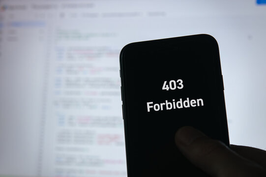 Secure technology and 403 Forbidden on smartphone. Cyber security, protection and digital trust.
