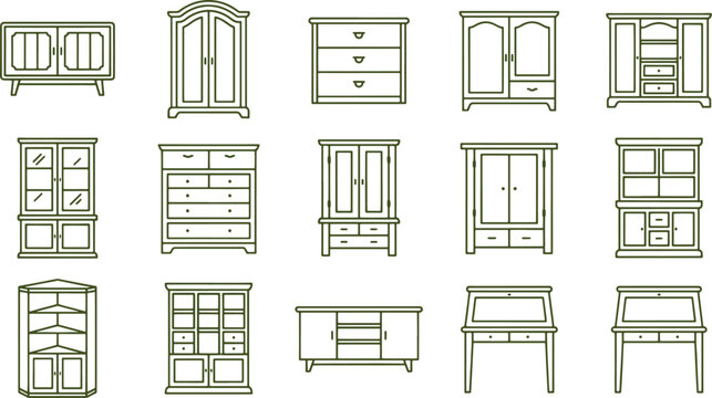 Collection of fifteen line depicting various wooden furniture pieces like cabinets, dressers, and desks in dark green outline