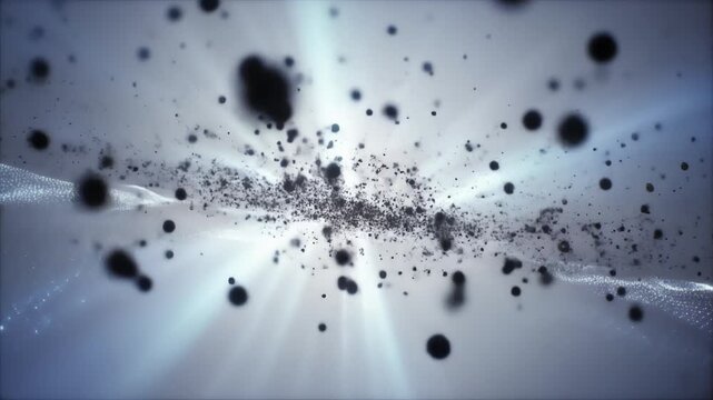 Abstract blue digital field with scattered particles and luminous beams across the frame. in motion