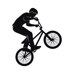 Naklejka premium Silhouette of a young cyclist performing a trick on bike