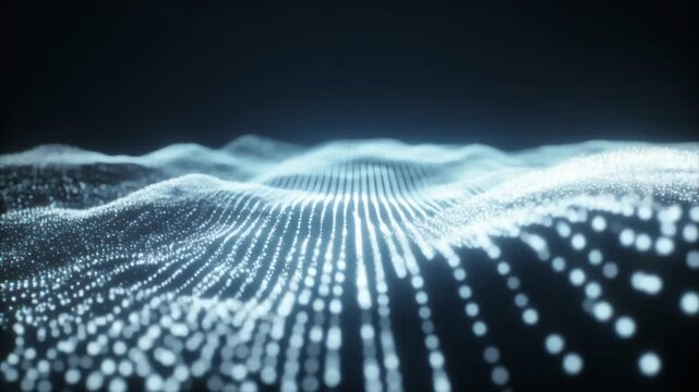 Abstract blue digital landscape with glowing points forming flowing waves over a dark field blue hue