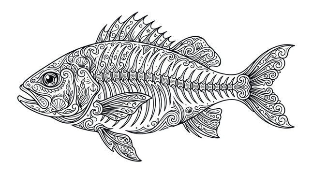 Ornate Fish Skeleton Illustration with Decorative Swirls and Patterns
