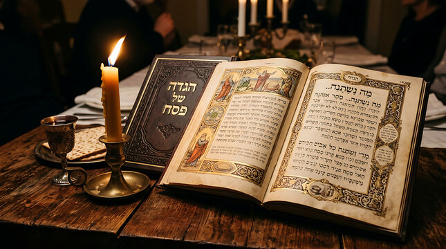Open Haggadah book with lit candle on wooden table, celebrating Passover Seder