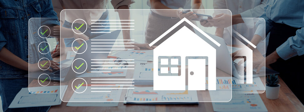 A modern office scene featuring a collaborative team engaged in real estate planning, with digital checklists and house icons for effective project management and client interaction. Gantry