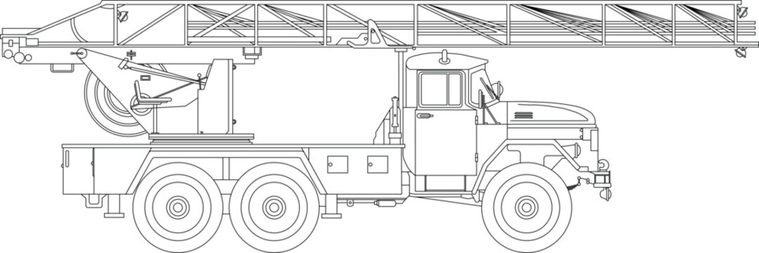 Technical line art illustration of a specialized heavy-duty truck, likely a fire engine ladder truck or mobile crane, showing a side profile view