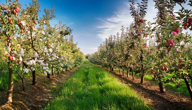 apple orchard with blossoming trees and fresh apples
